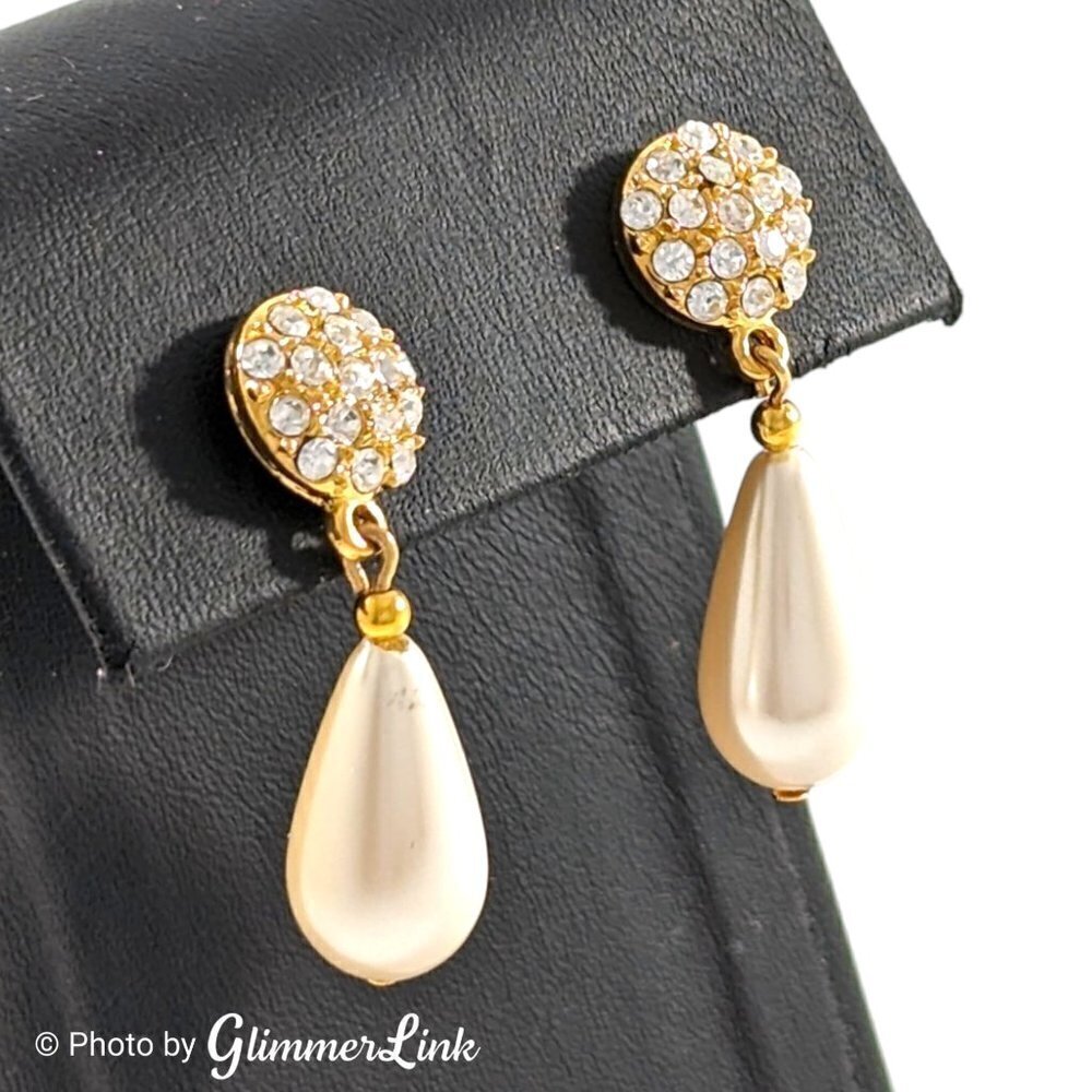 Elegant Tiered Faux Pearl Teardrop Pave Rhinestones Stud Pierced Earrings